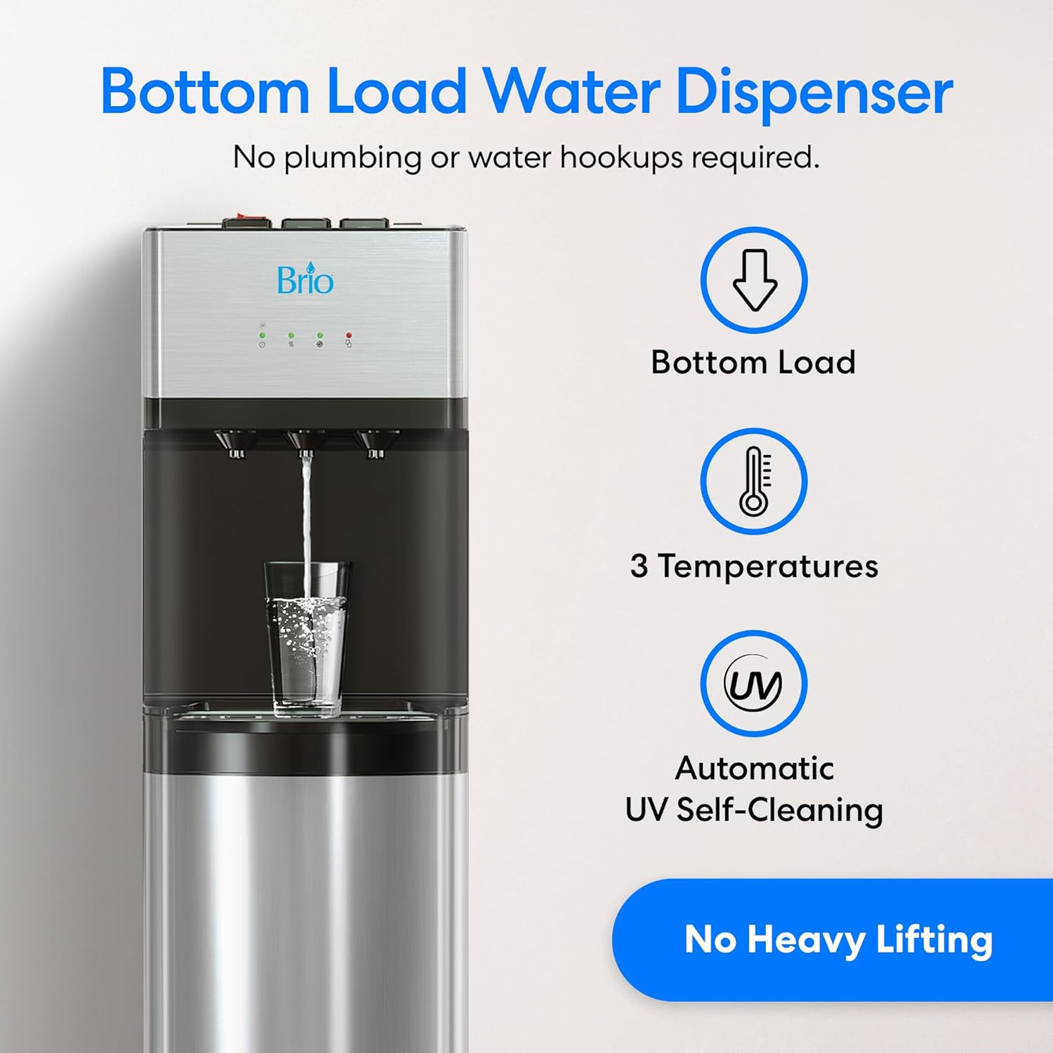 Brio self-cleaning bottom-loading water cooler dispenser.