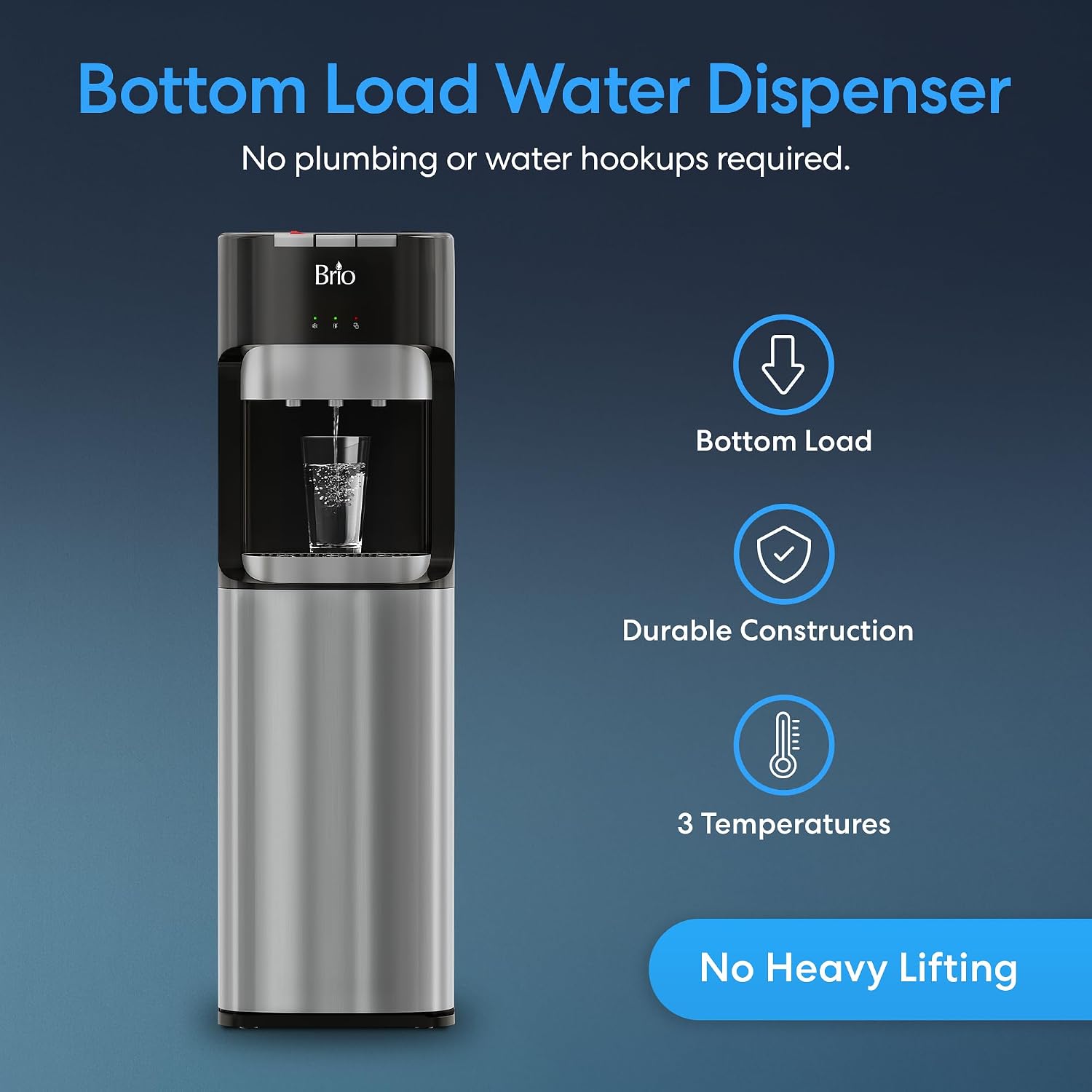 Brio bottom-loading water cooler dispenser, stainless steel.