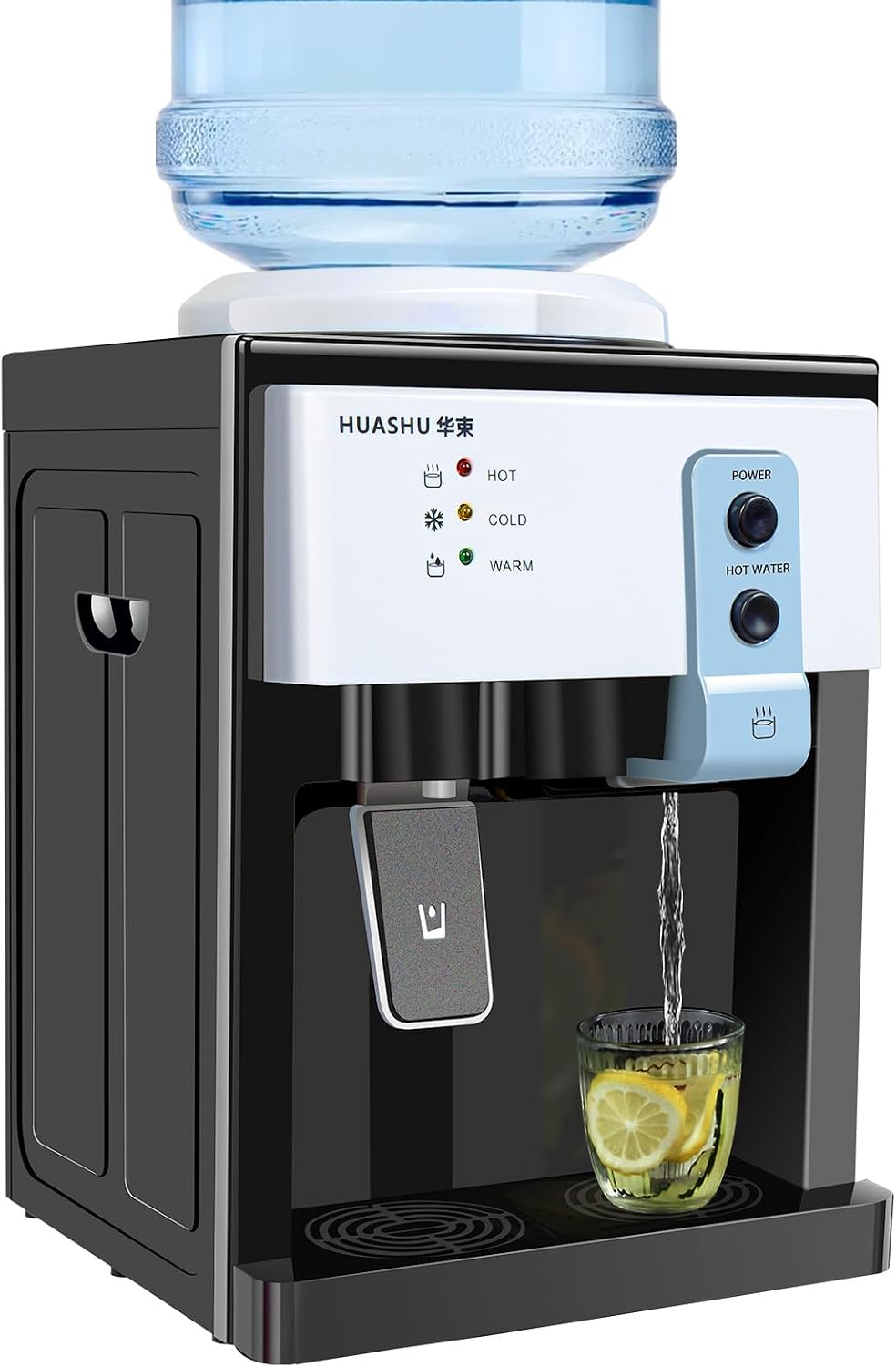 Compact top-loading hot and cold water dispenser.