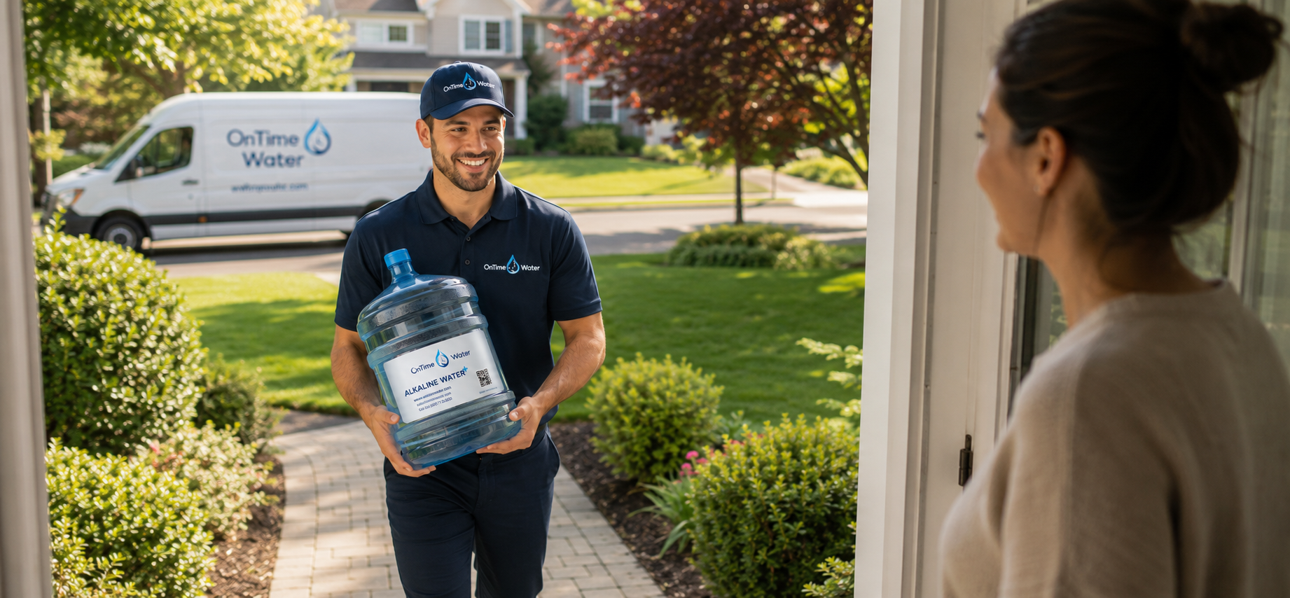 OnTime Water driver delivering a water jug to a customer at her front door, with the branded delivery van visible behind him.