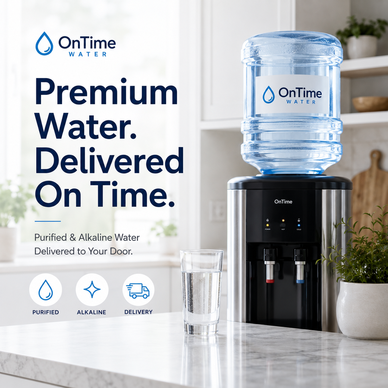 OnTime Water dispenser on a kitchen counter with a glass of purified water.