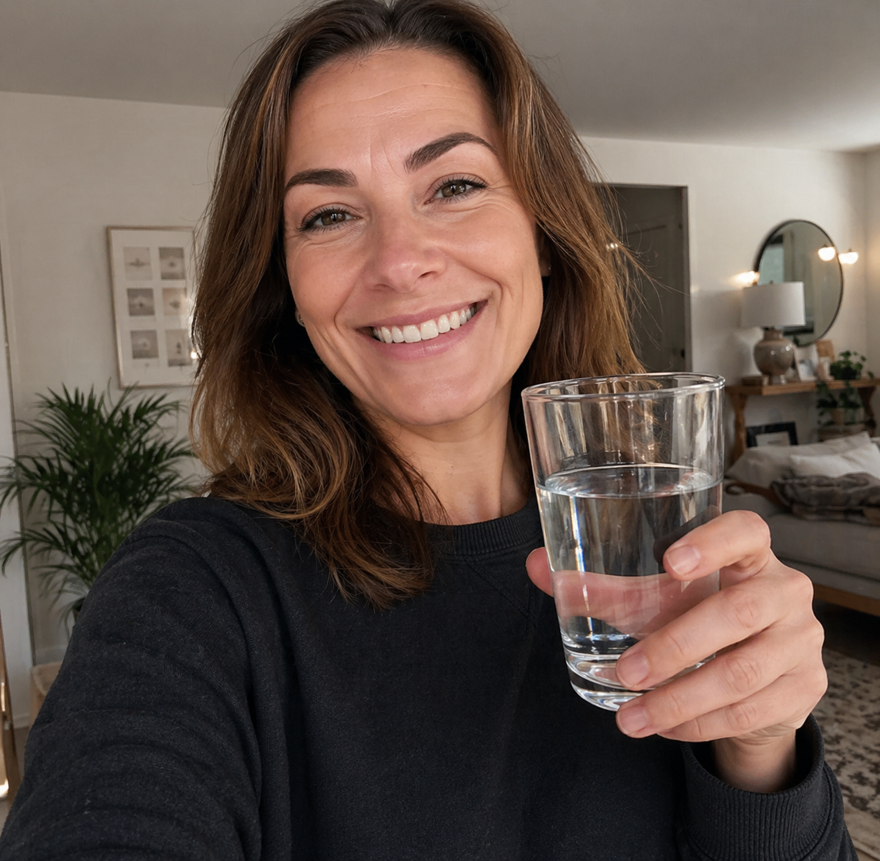 Melissa smiling and holding a glass of water at home.